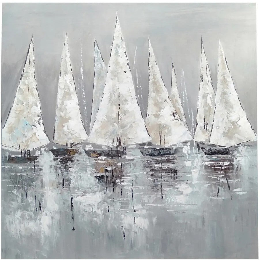 Abstract painting of sailboats on water with white sails and grey tones.