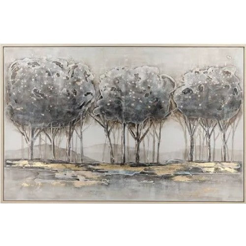 Artistic painting of abstract trees with metallic accents on neutral background.