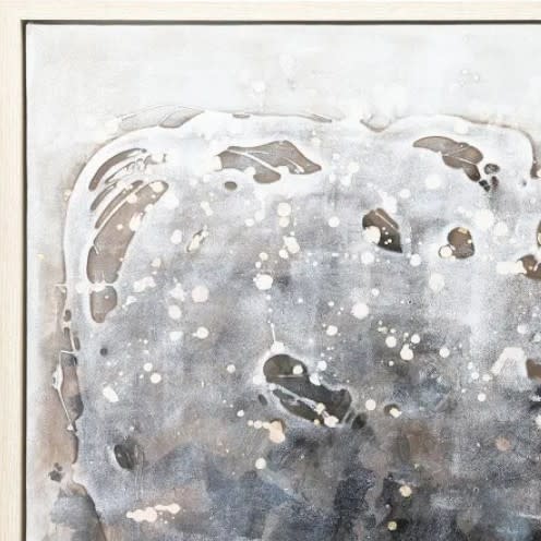 Abstract painting with white, gray, and beige splatters and washed textures on canvas.