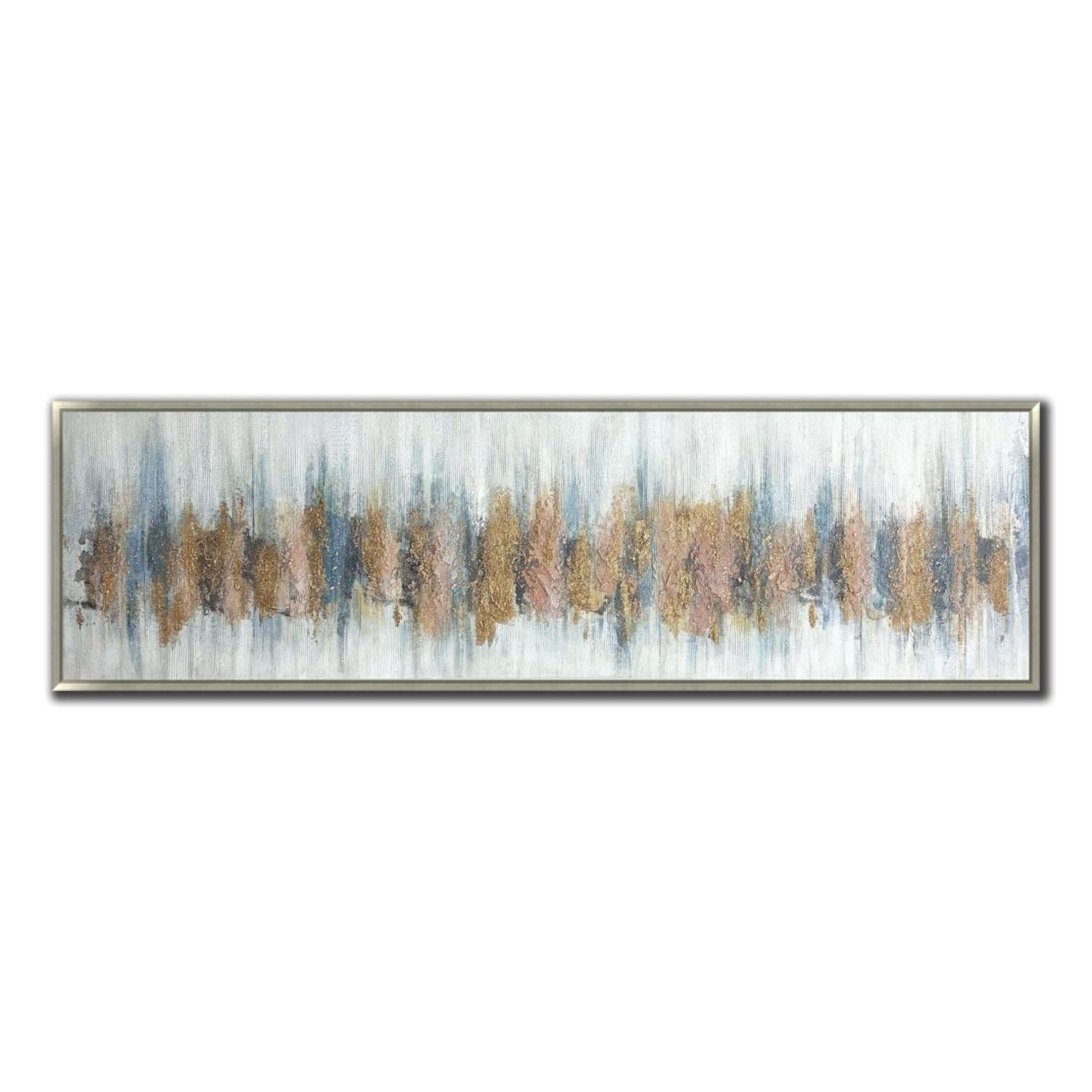 Blue, Gold, and Blush Abstract Hand Embellished Framed Canvas 71"W x 20"H