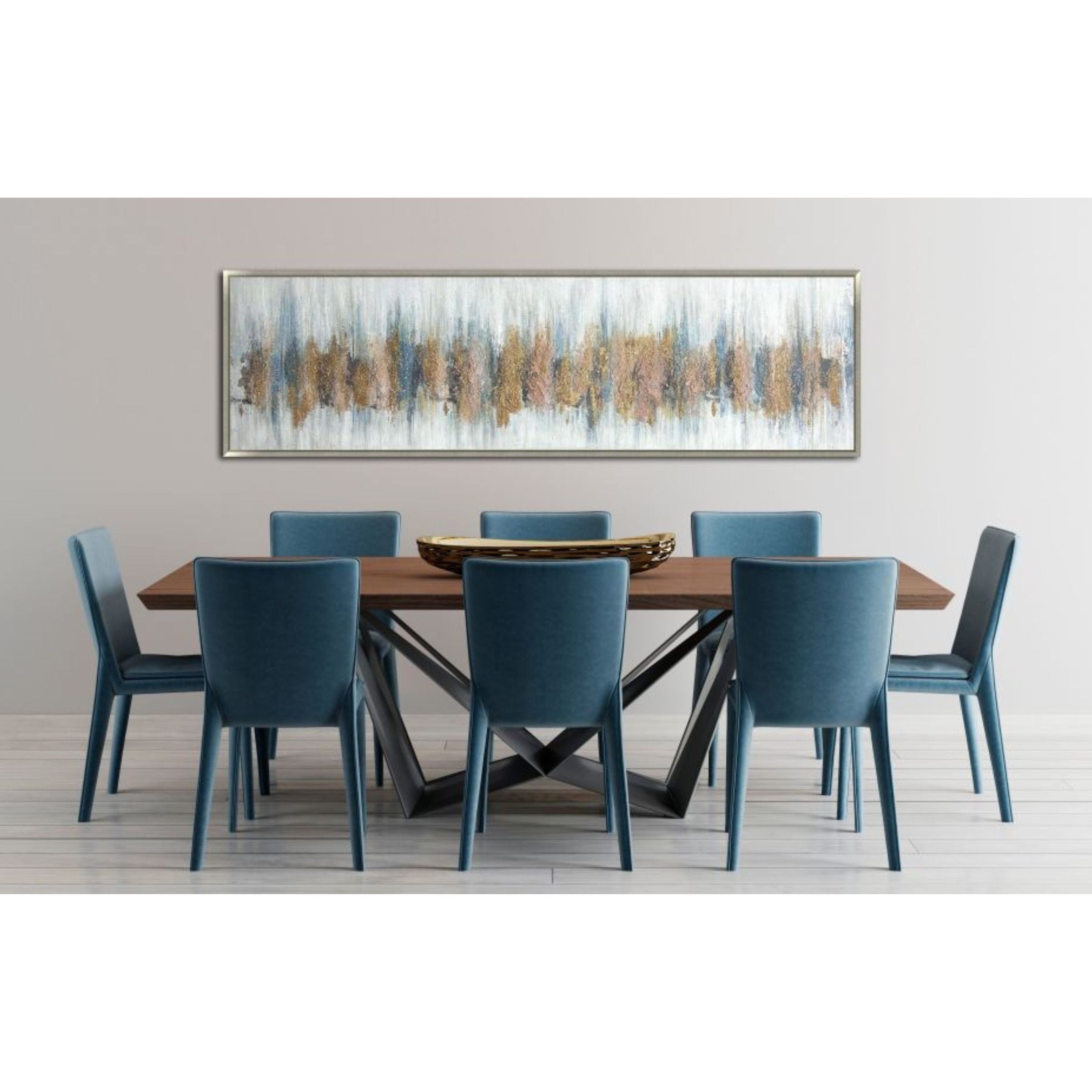 Blue, Gold, and Blush Abstract Hand Embellished Framed Canvas 71"W x 20"H