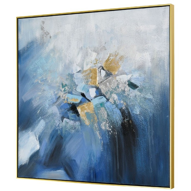 Blue, White, and Gold Abstract Canvas Framed Painting 40"W x 40"H