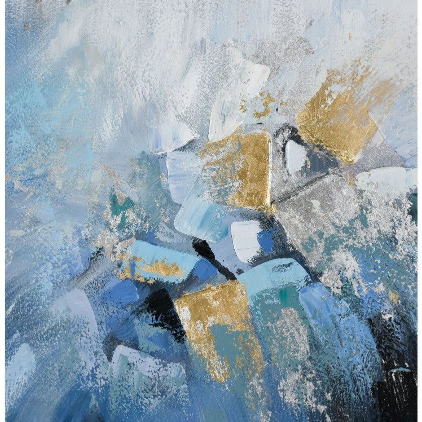 Blue, White, and Gold Abstract Canvas Framed Painting 40"W x 40"H