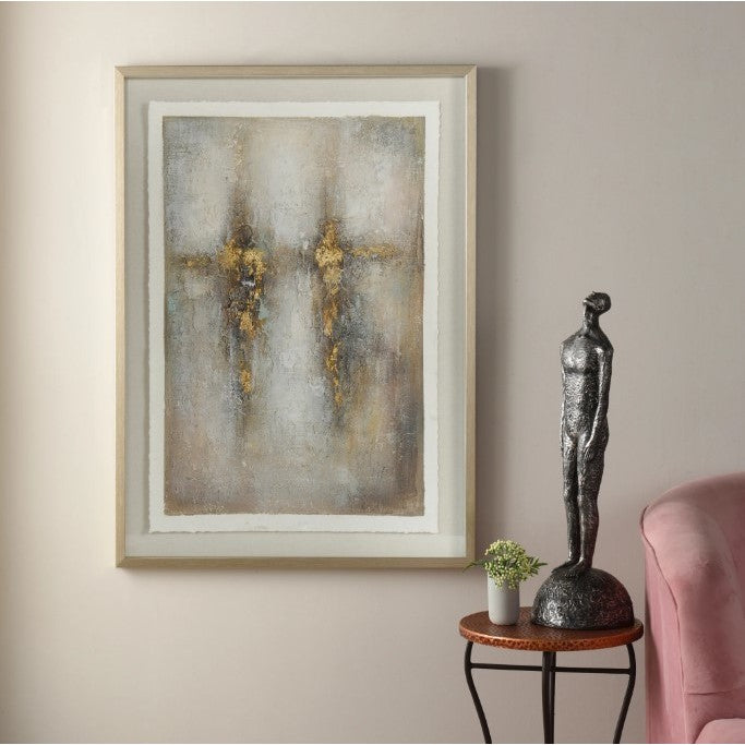 Tan and Gold Hand Painted Shadow Box Framed Canvas 30"W x 41"H