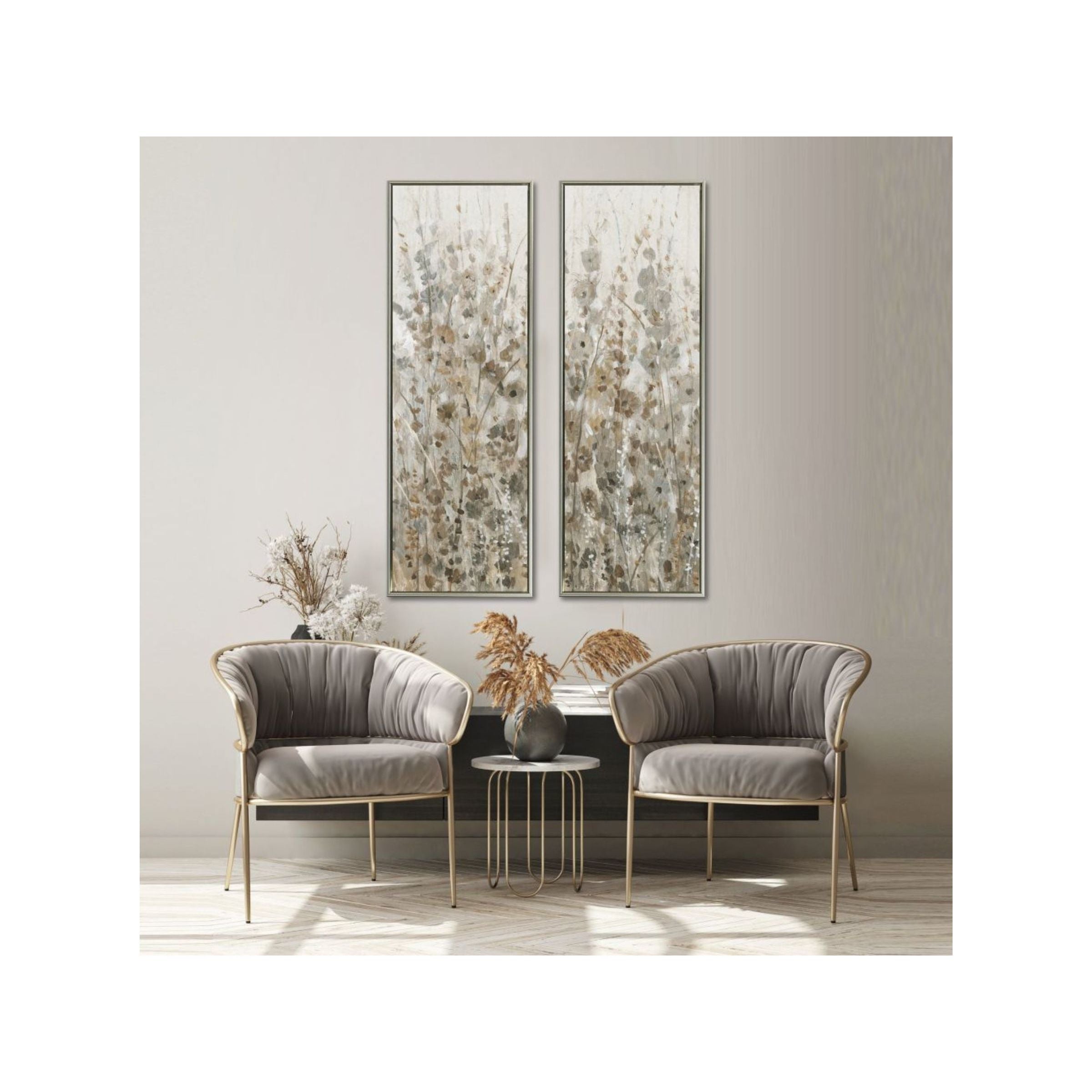 Silver and Champagne Flowers I Hand Embellished Framed Canvas 16"W x 48"H Each
