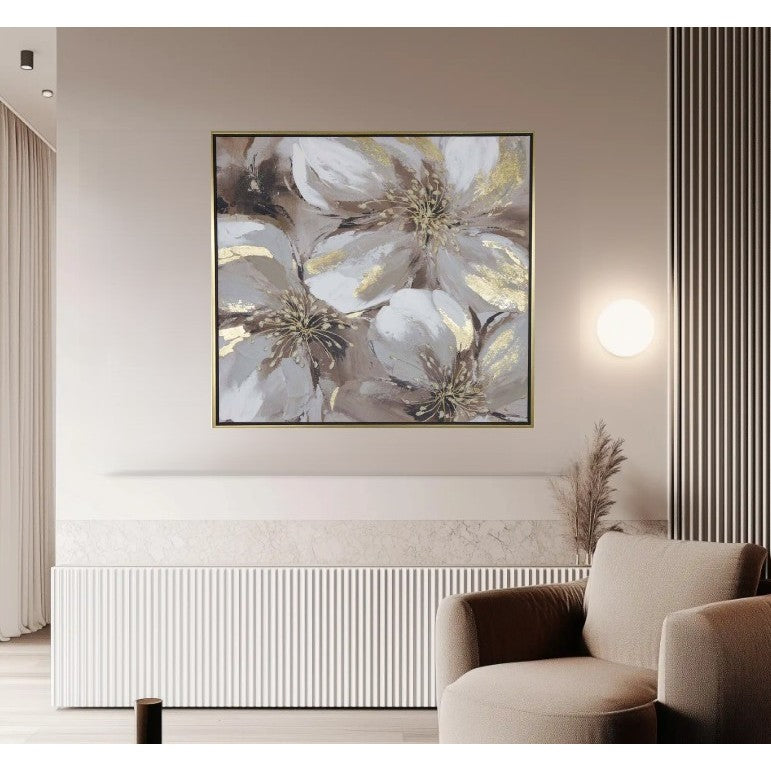 Cream and Gold Flowers Framed Oil Painting 39.5"W x 39.5"H