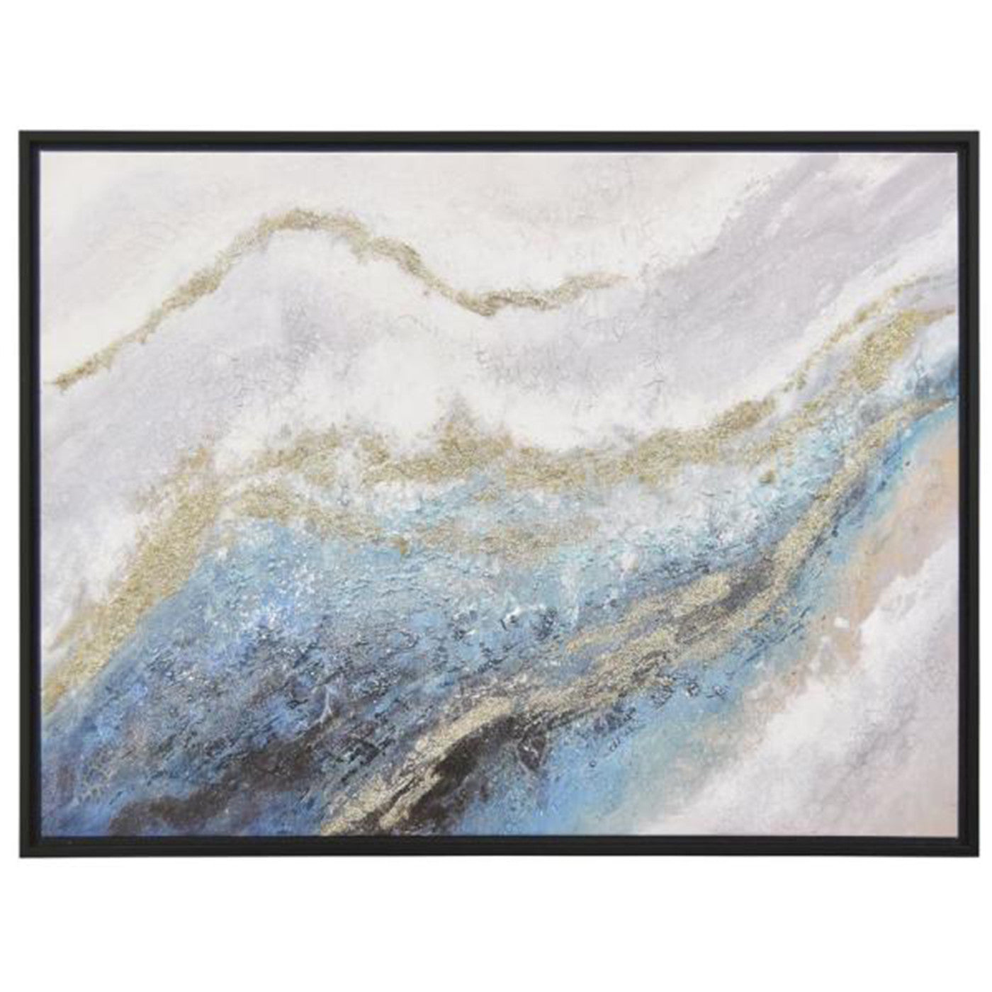 Abstract painting with white, gold, and blue tones, evoking flowing water or landscape.