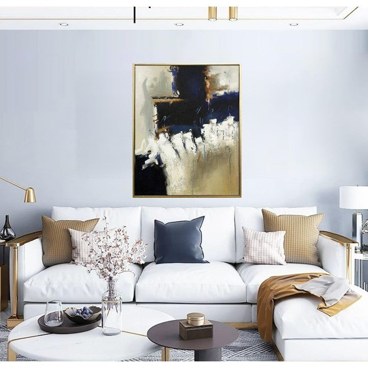 Blue and Cream Abstract Hand Painted Canvas Art 32x42"H