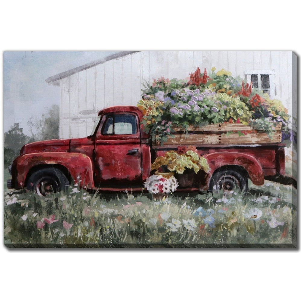 Red Truck Hand Embellished Framed Canvas 35"W x 24"H