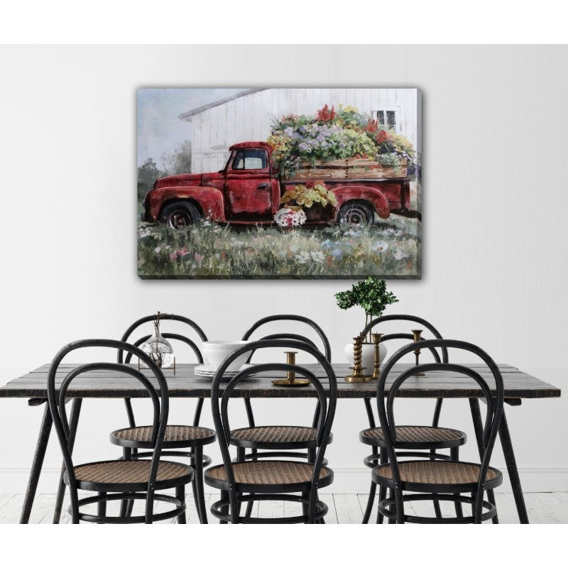 Red Truck Hand Embellished Framed Canvas 35"W x 24"H