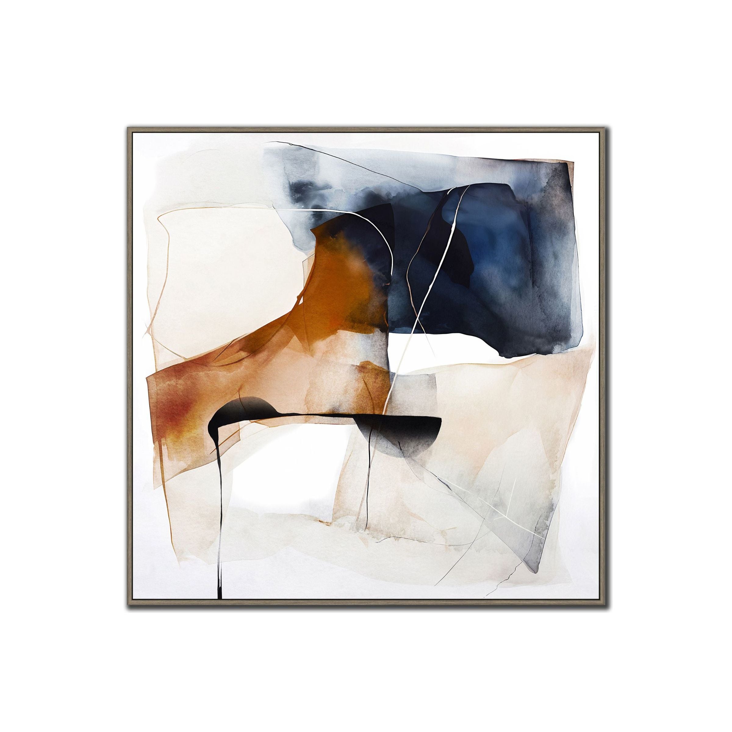 Abstract watercolor painting with navy, brown, and beige shapes on a white background, framed.