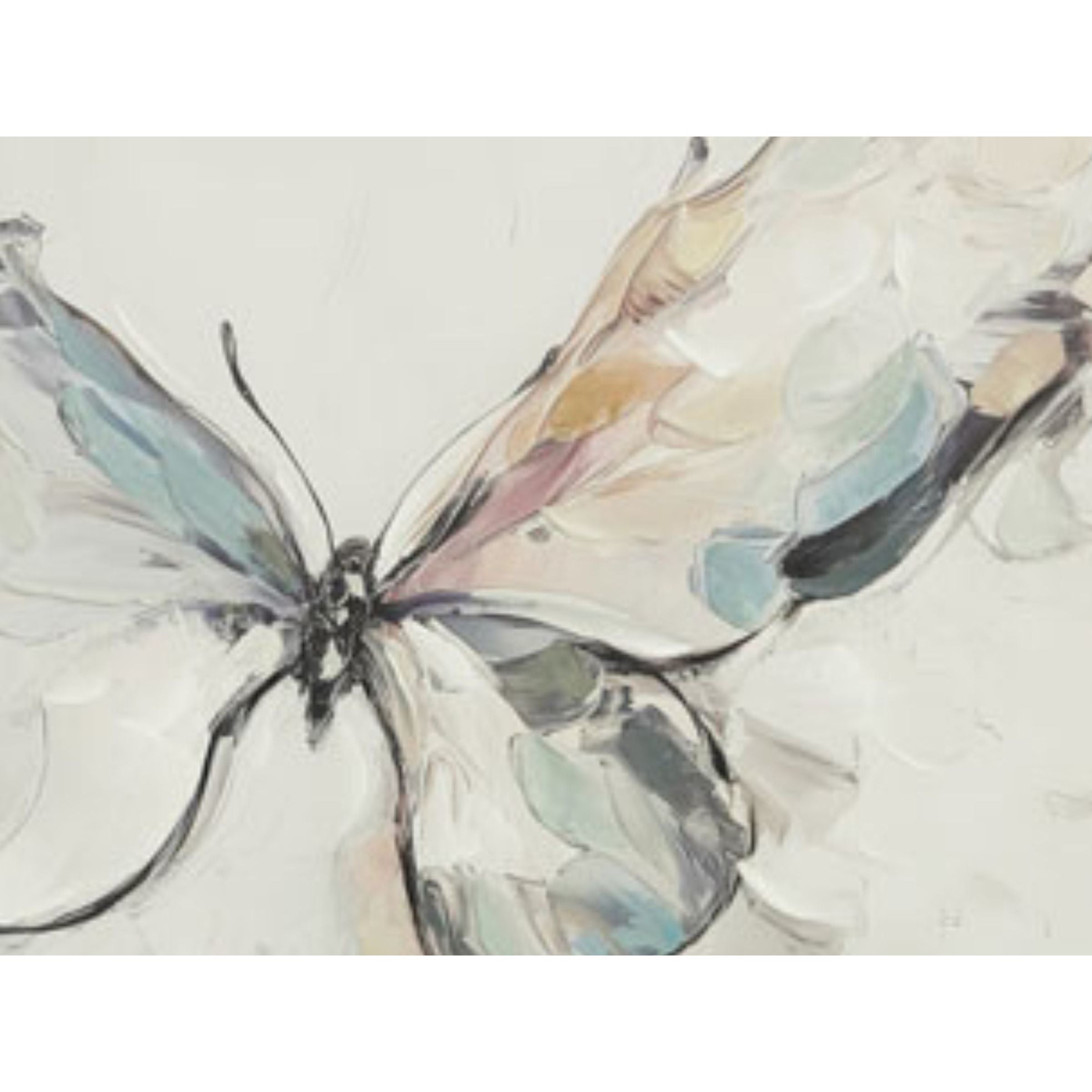 Cream, Charcoal, Blue, and Tan Butterfly Hand Painted Framed Canvas 60"W x 36"H