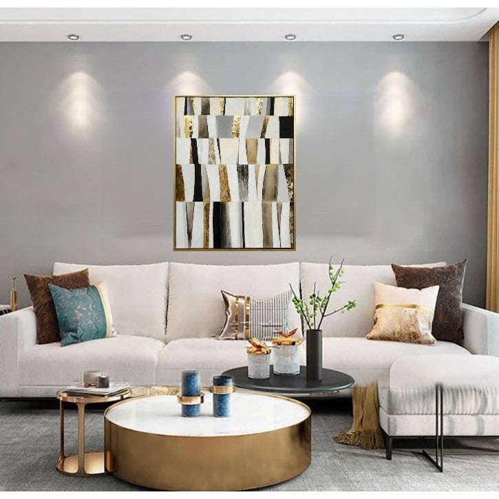 Black, White, and Gold Rectangle Abstract Hand Painted Canvas Art 32"W x 42"H