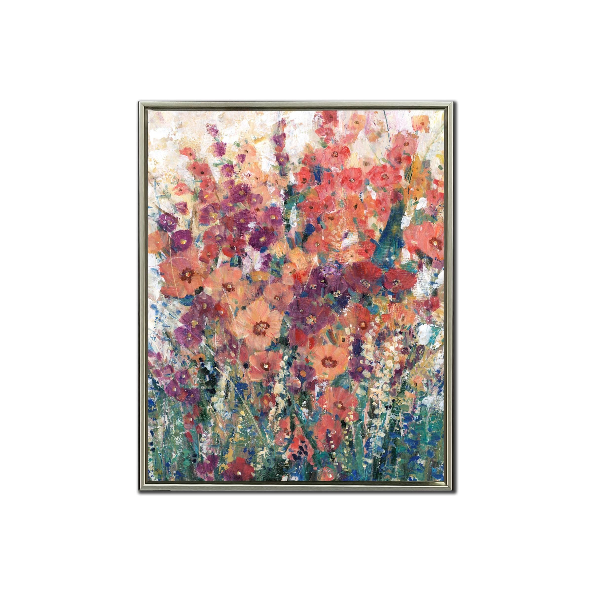 Framed abstract painting of colorful wildflowers in pink, orange, and purple hues.