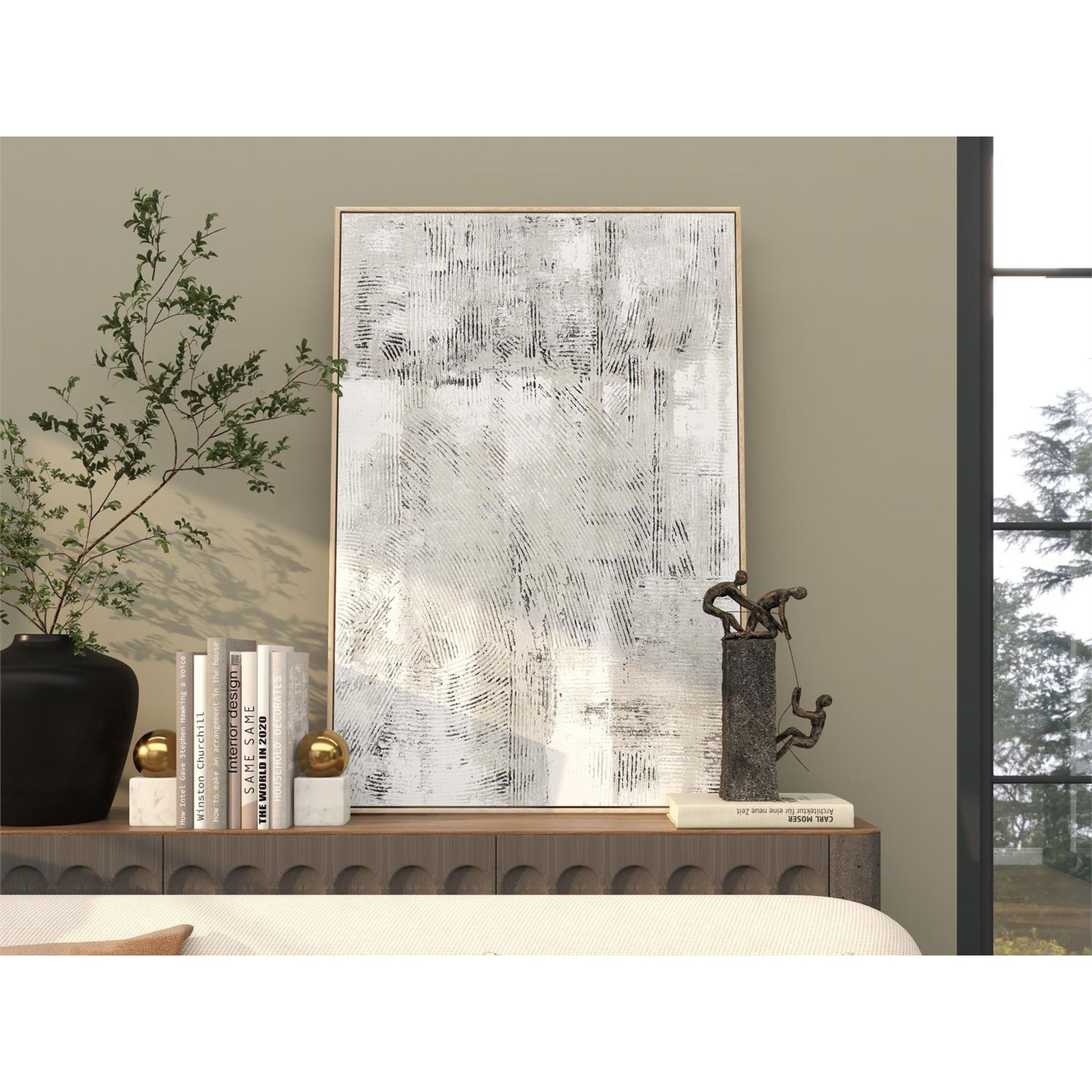 White, Tan, and Grey Abstract Framed Canvas Art 33"W x 49"H