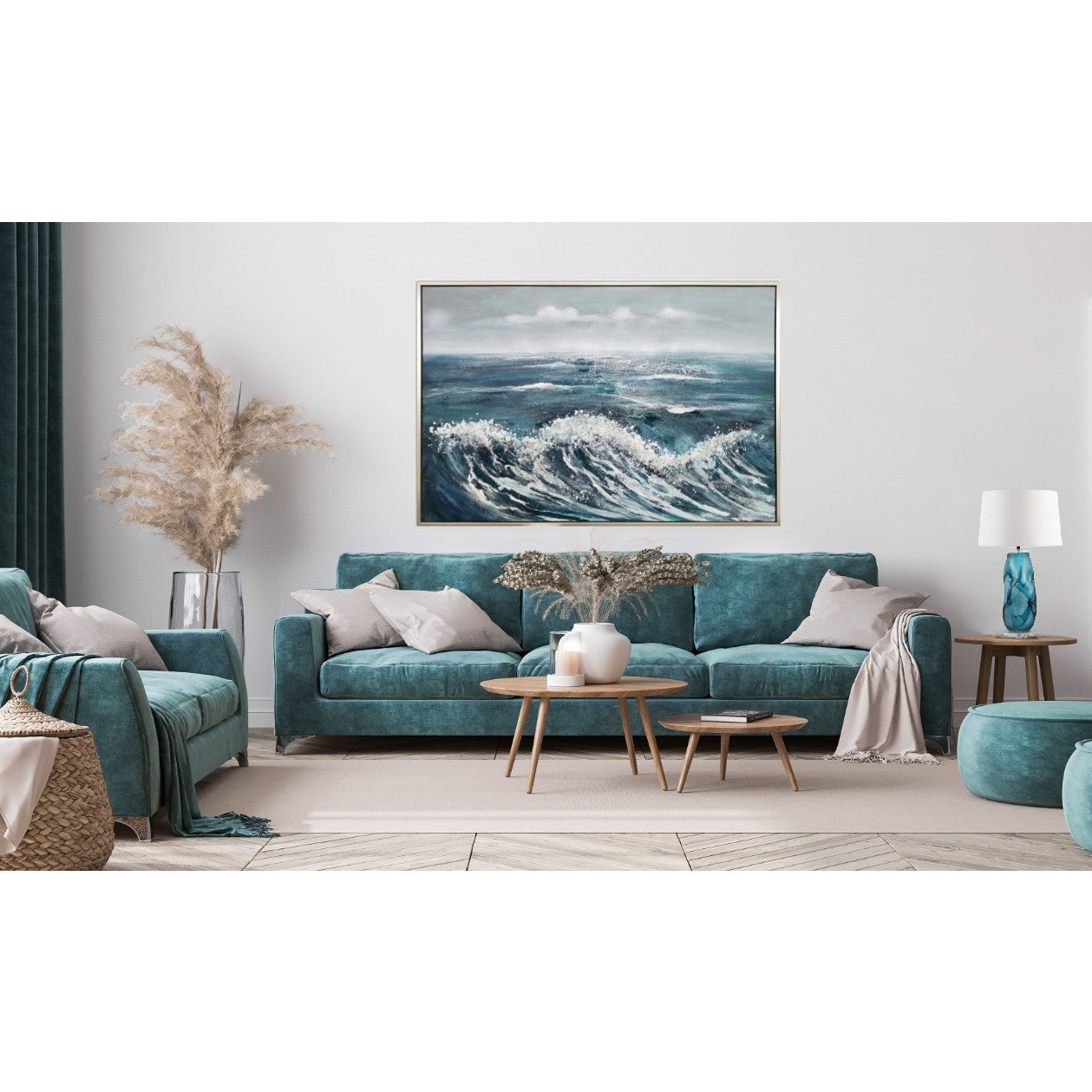 Blue Waves Hand Embellished Framed Canvas Art 62"W x 42"H