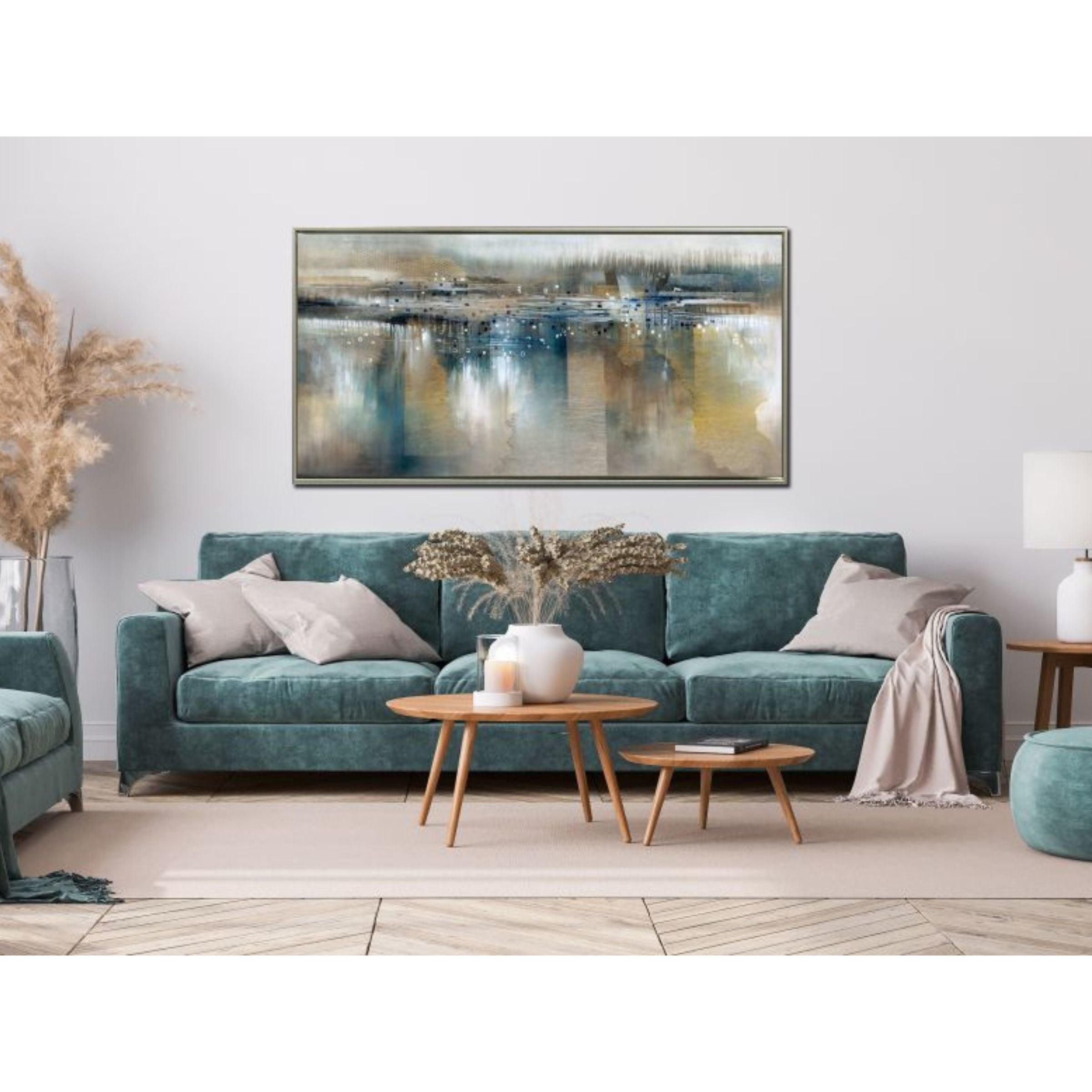 Blue and Yellow Abstract Coast Hand Embellished Framed Canvas 60"W x 30"H