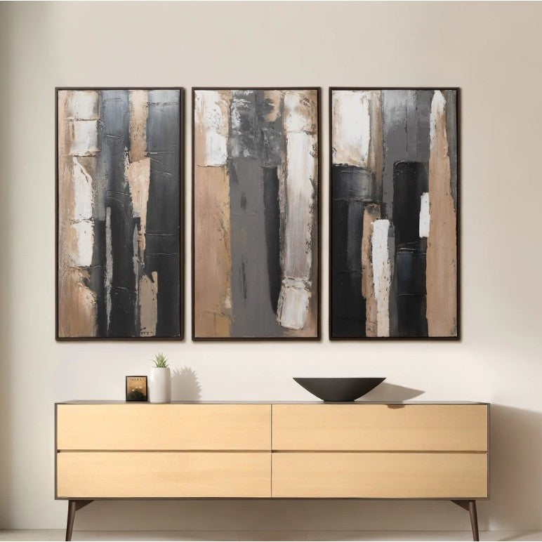 Set of 3 Black, Brown, and Grey Abstract Hand Painted Wall Art 20"W x 40"H