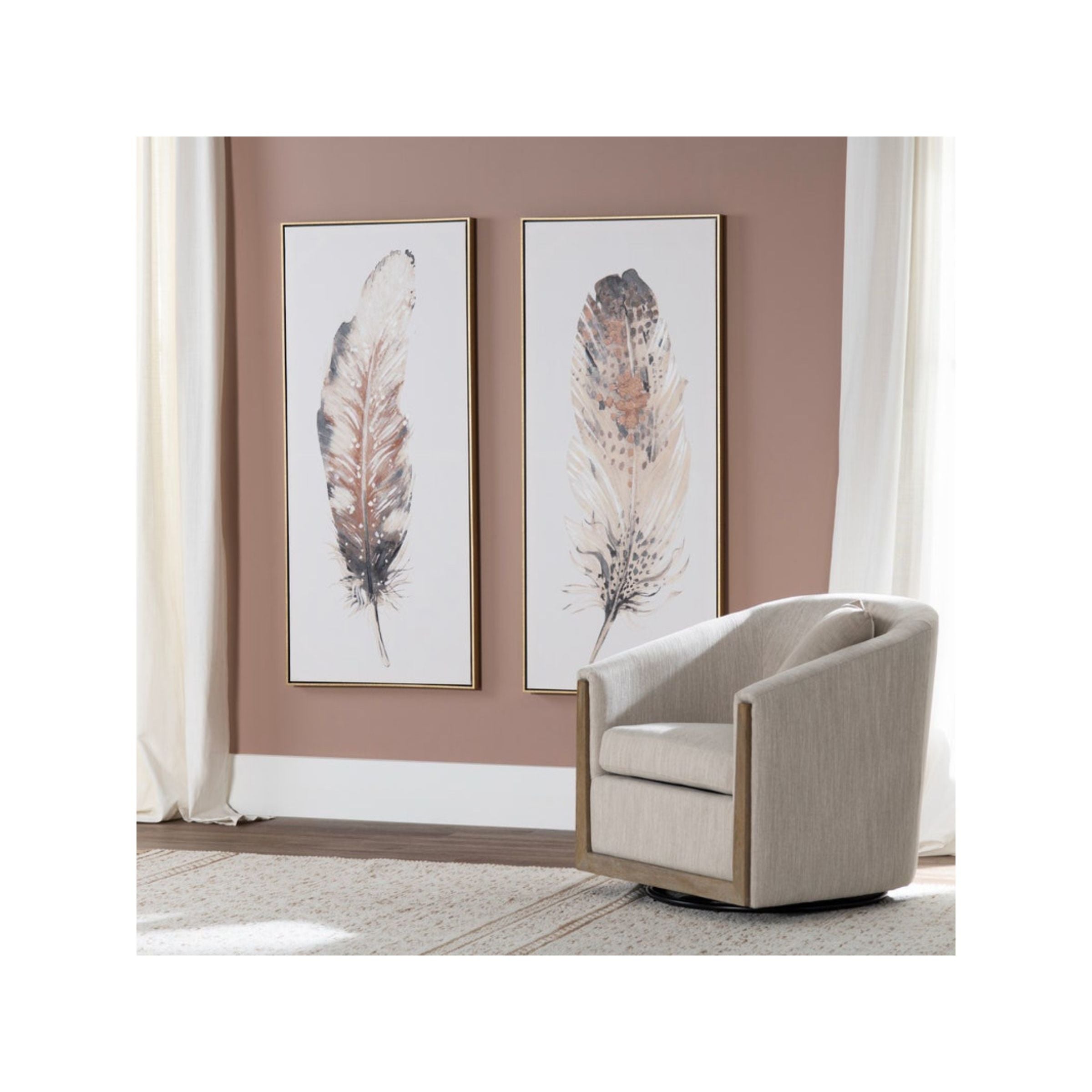 Set of 2 Black and Natural Feathers Framed Canvas Art 24"W x 54"H