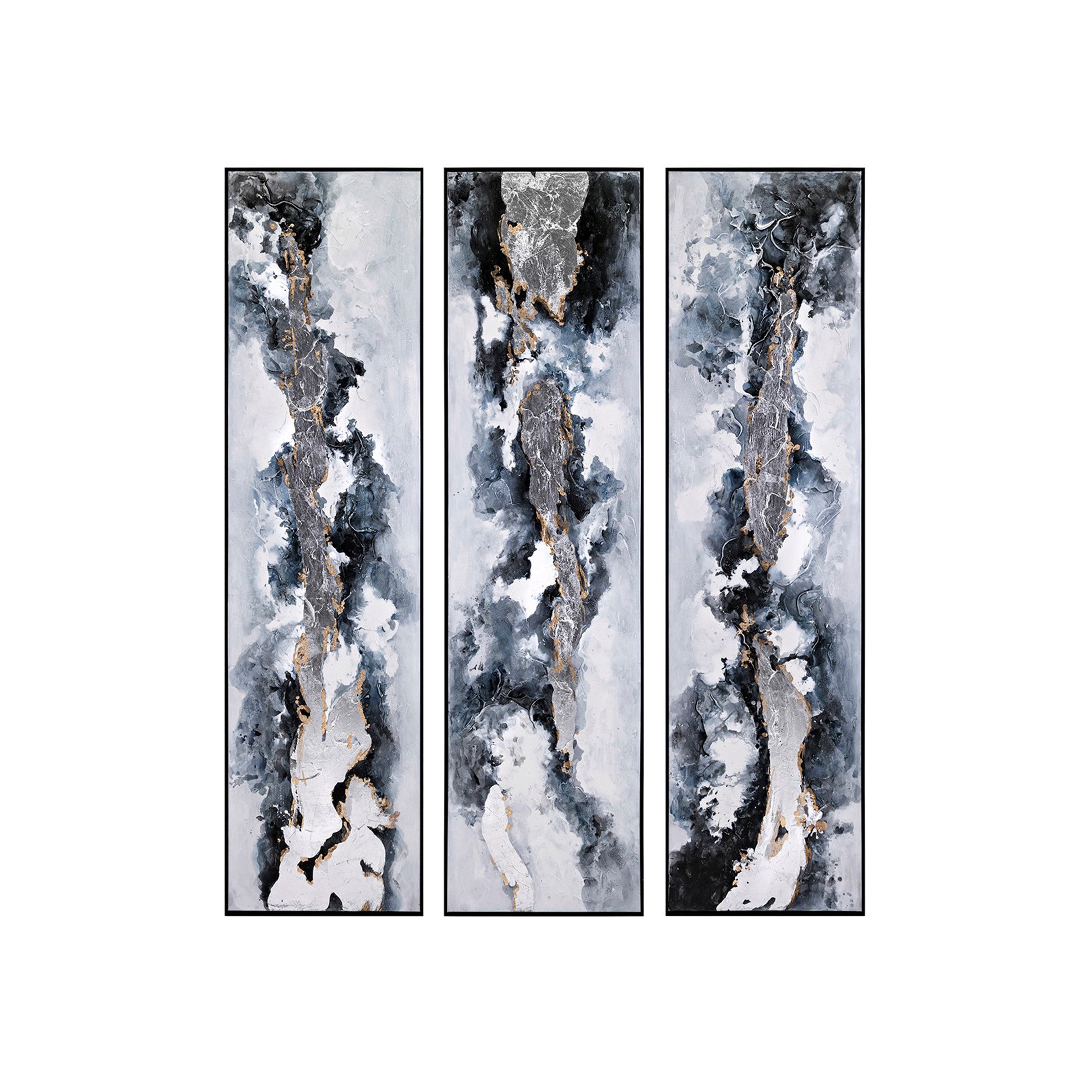 Set of 3 Blue, Silver, and Gold Framed Paintings 23"W x 86"H