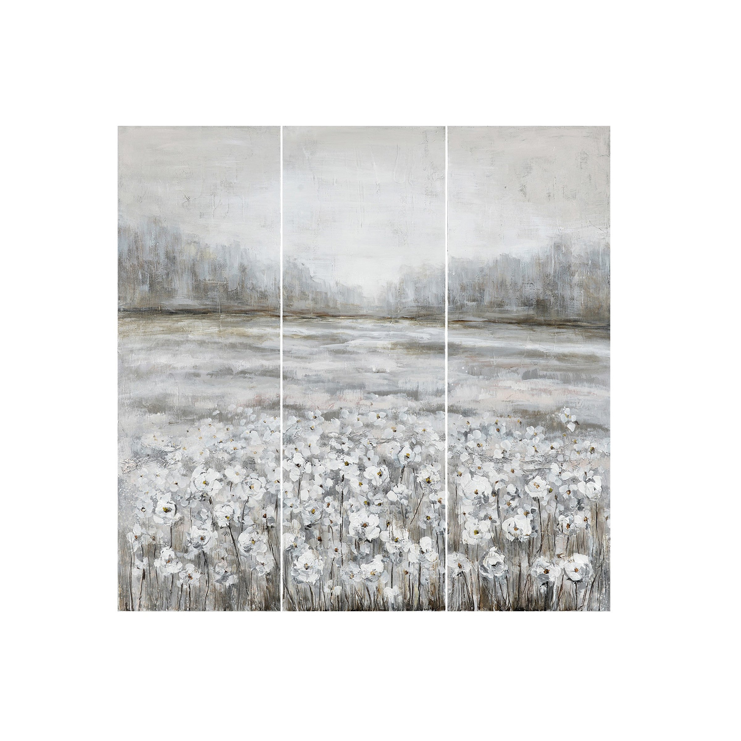 Set of 3 Field of White Flowers Hand Painted Art 16"W x 47"H