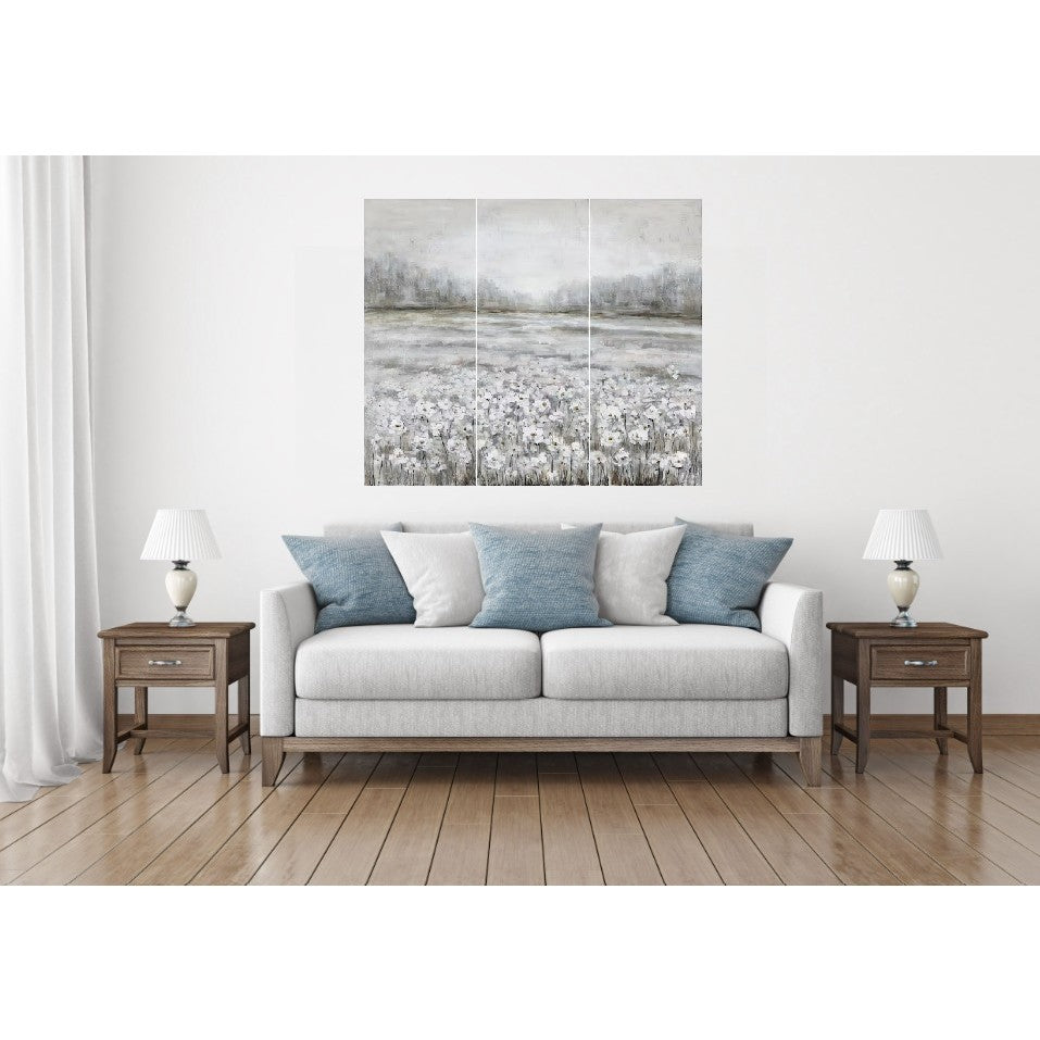 Set of 3 Field of White Flowers Hand Painted Art 16"W x 47"H