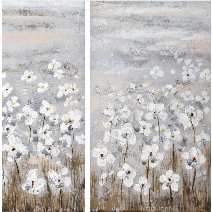 Set of 3 Field of White Flowers Hand Painted Art 16"W x 47"H