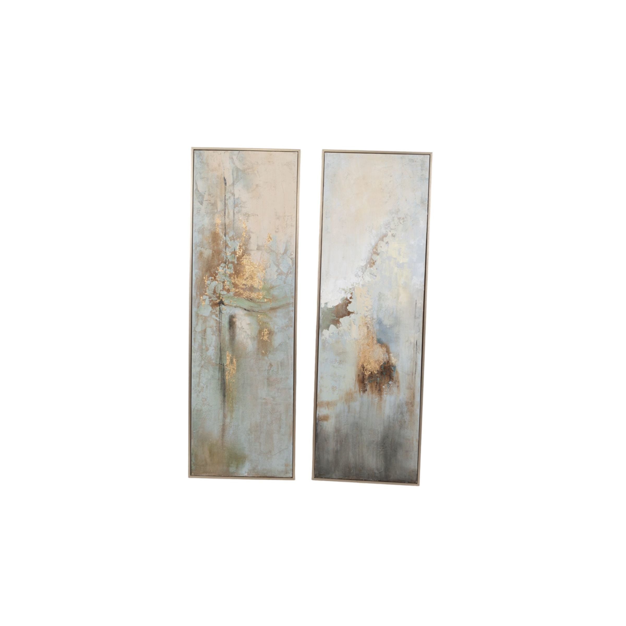 Set of 2 Green and Gold Abstract Hand Painted Wall Art 22"W x 70"H