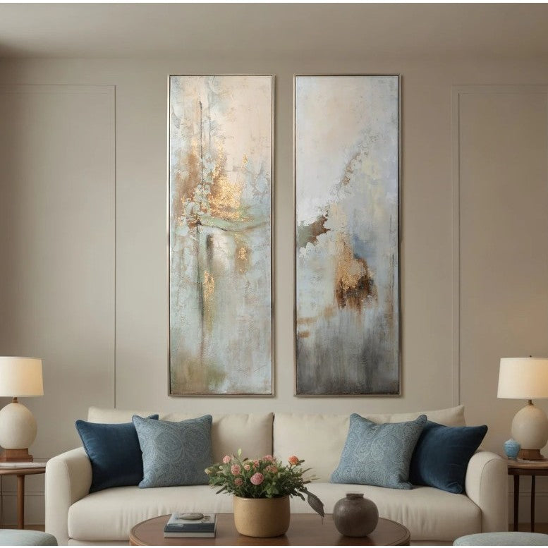 Set of 2 Green and Gold Abstract Hand Painted Wall Art 22"W x 70"H