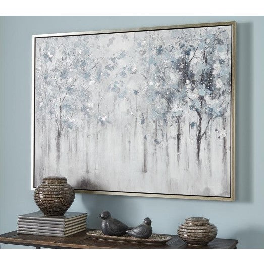 Blue, Grey, and White Misty Forest Trees Framed Wall Art 47"W x 37"H