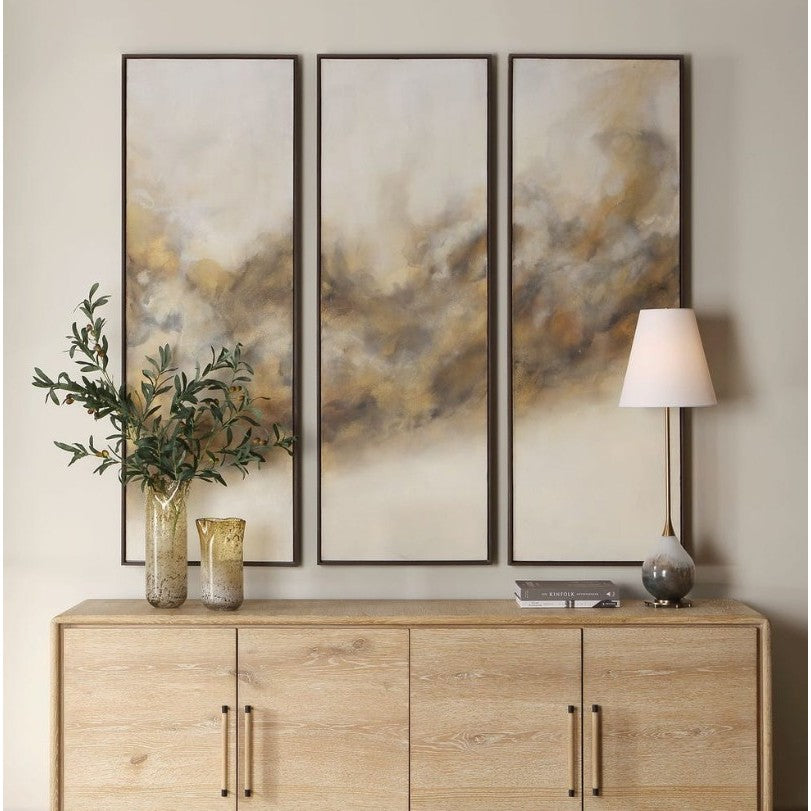 Set of 3 Black and Caramel Abstract Hand-painted Framed Canvas 21"W x 61"H