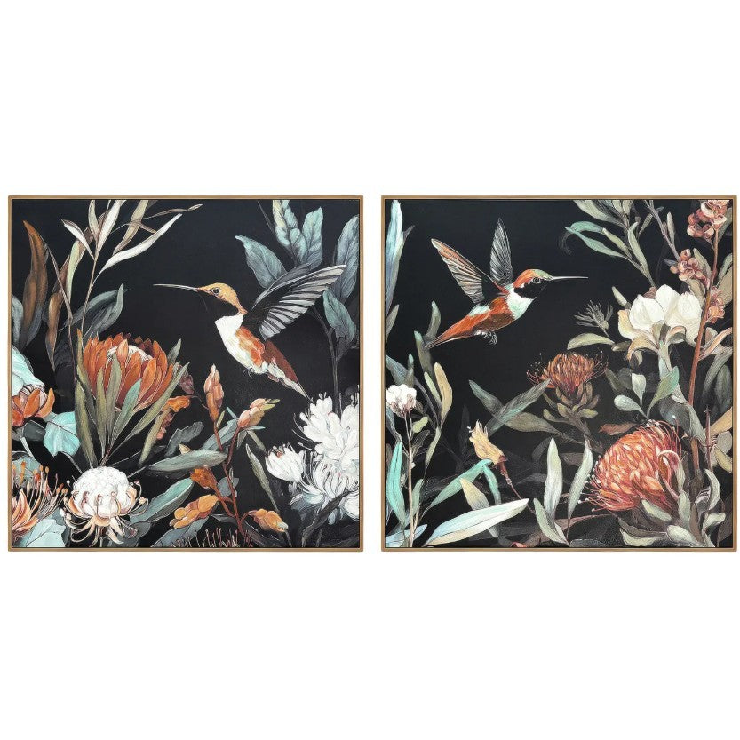 Two illustrated hummingbirds surrounded by colorful flowers on a dark background.
