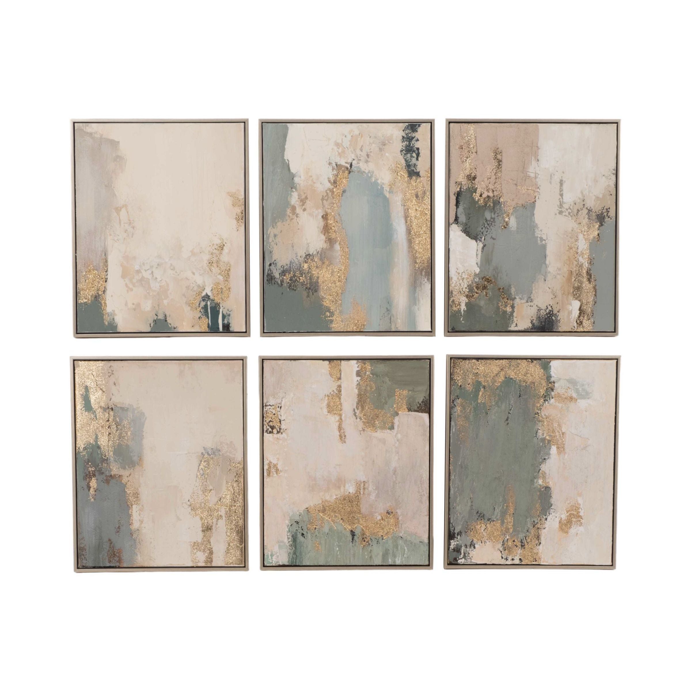 Set of six abstract paintings with neutral and gold accents in minimalist frames.