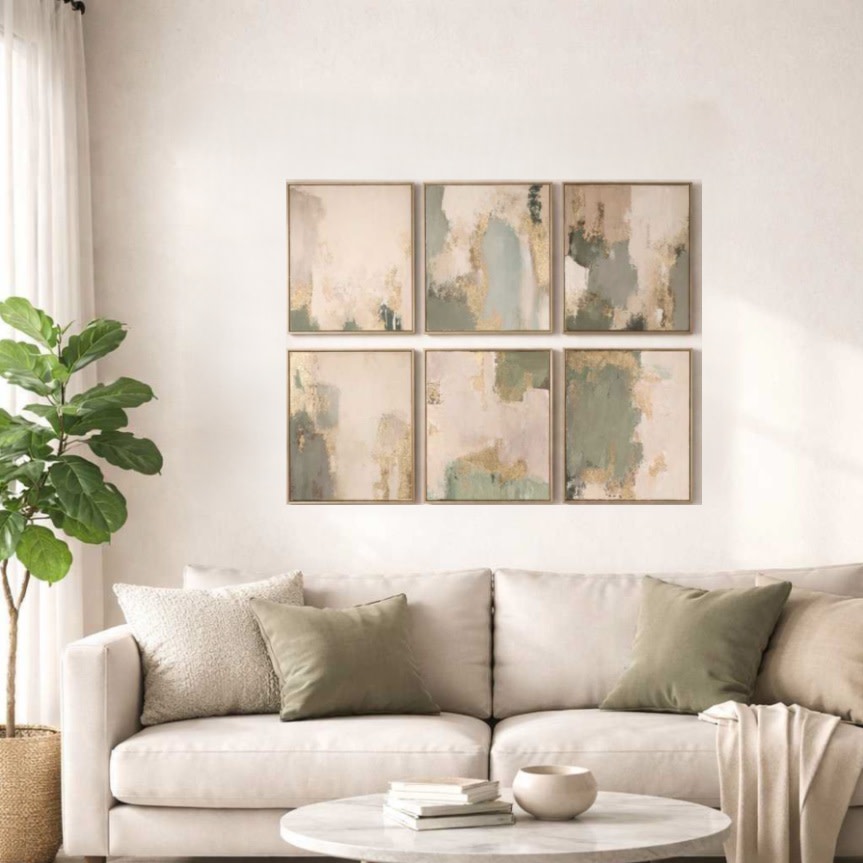 Neutral abstract art above beige sofa in a bright living room