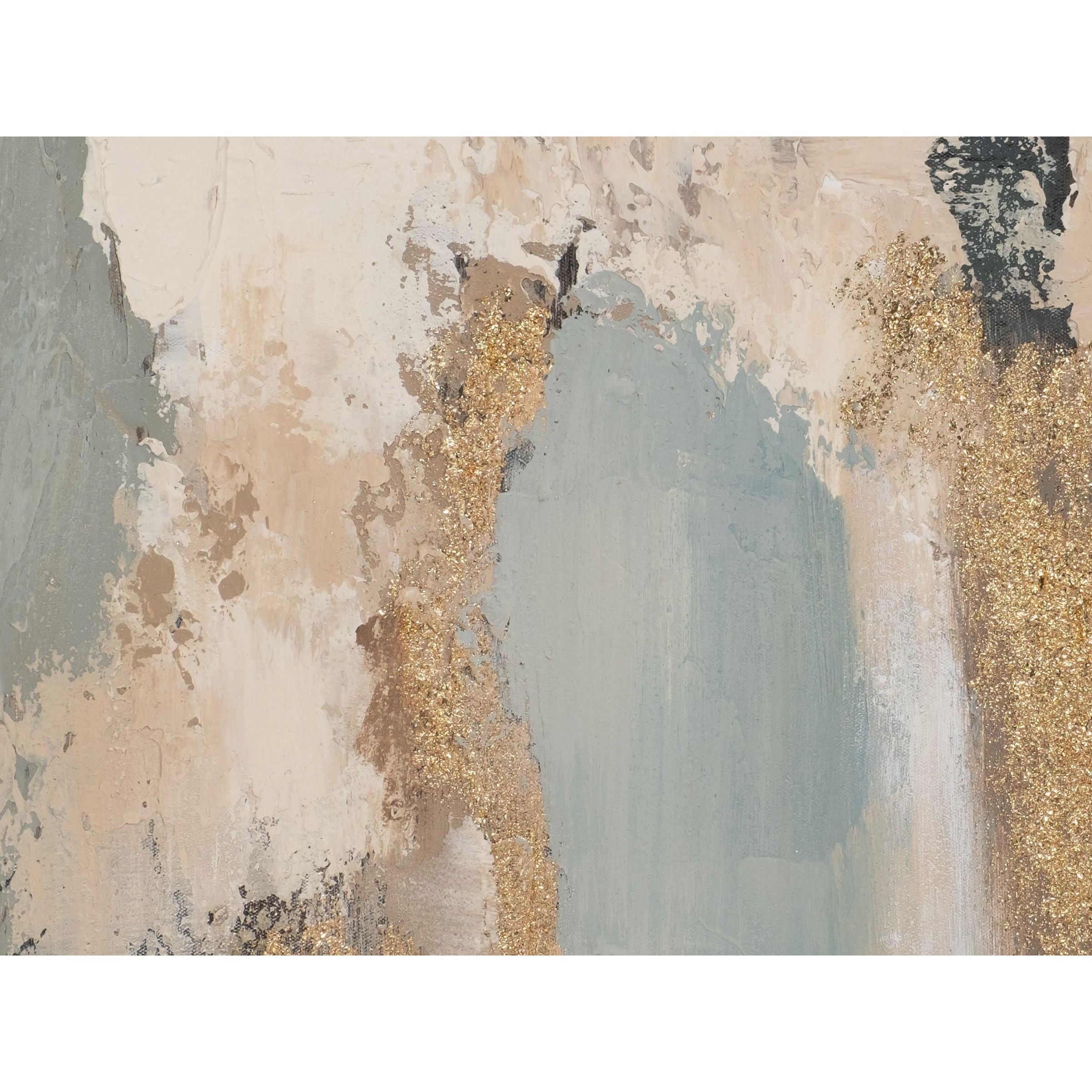 Abstract painting with beige, gray, and gold textured brushstrokes.