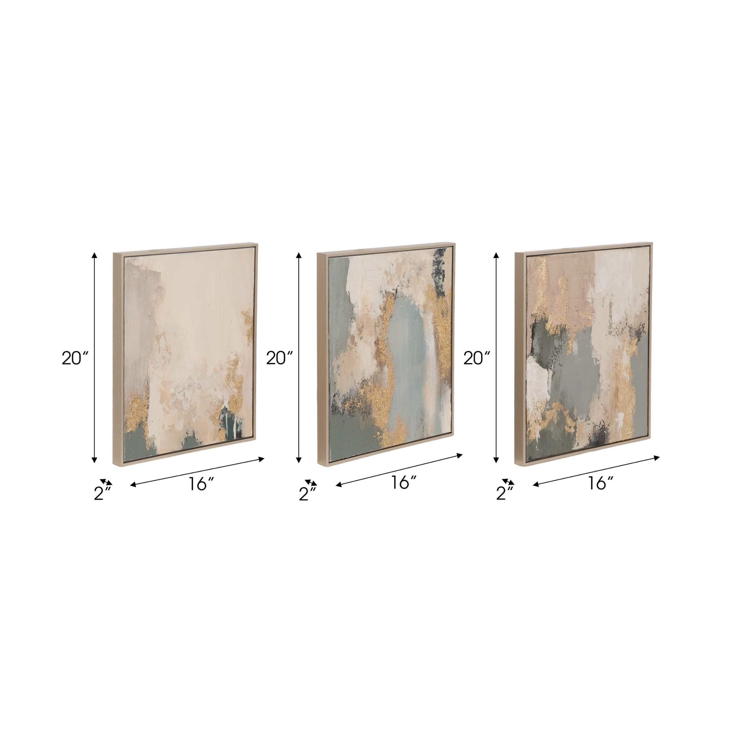 Set of three abstract wall art pieces, each 20x16 inches with gold accents.