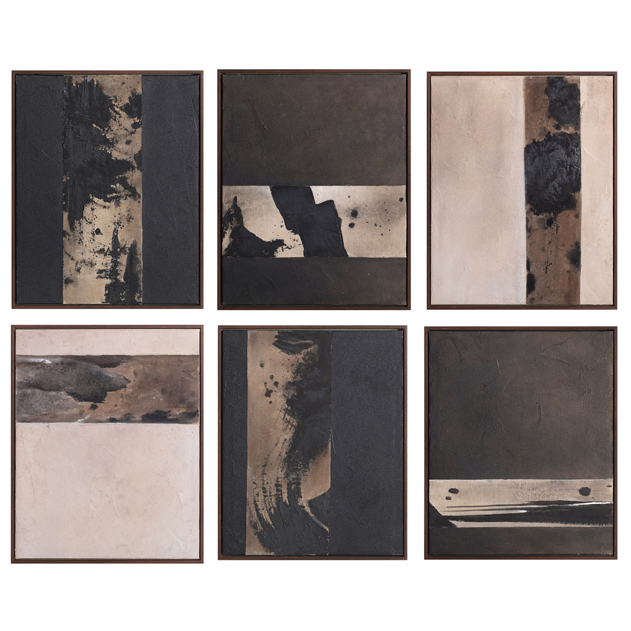 Set of 6 Charcoal and Tan Abstract Hand Painted Art 17"W x 20"H