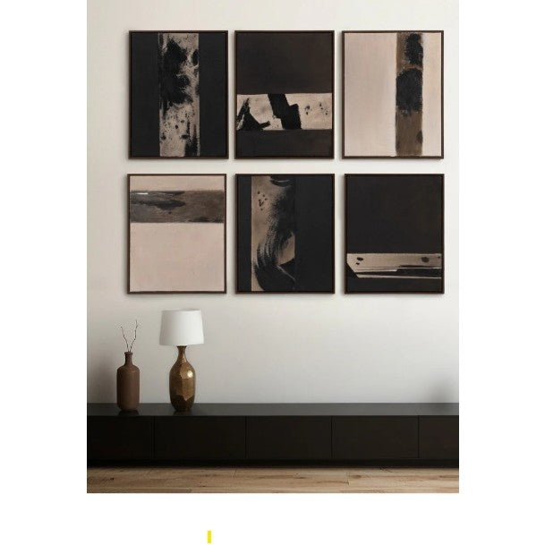 Set of 6 Charcoal and Tan Abstract Hand Painted Art 17"W x 20"H