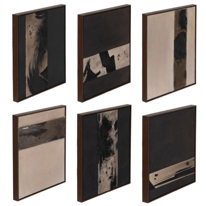 Set of 6 Charcoal and Tan Abstract Hand Painted Art 17"W x 20"H