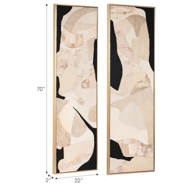 Set of 2 Cream and Black Abstract Hand Painted Wall Art 22"W x 70"H