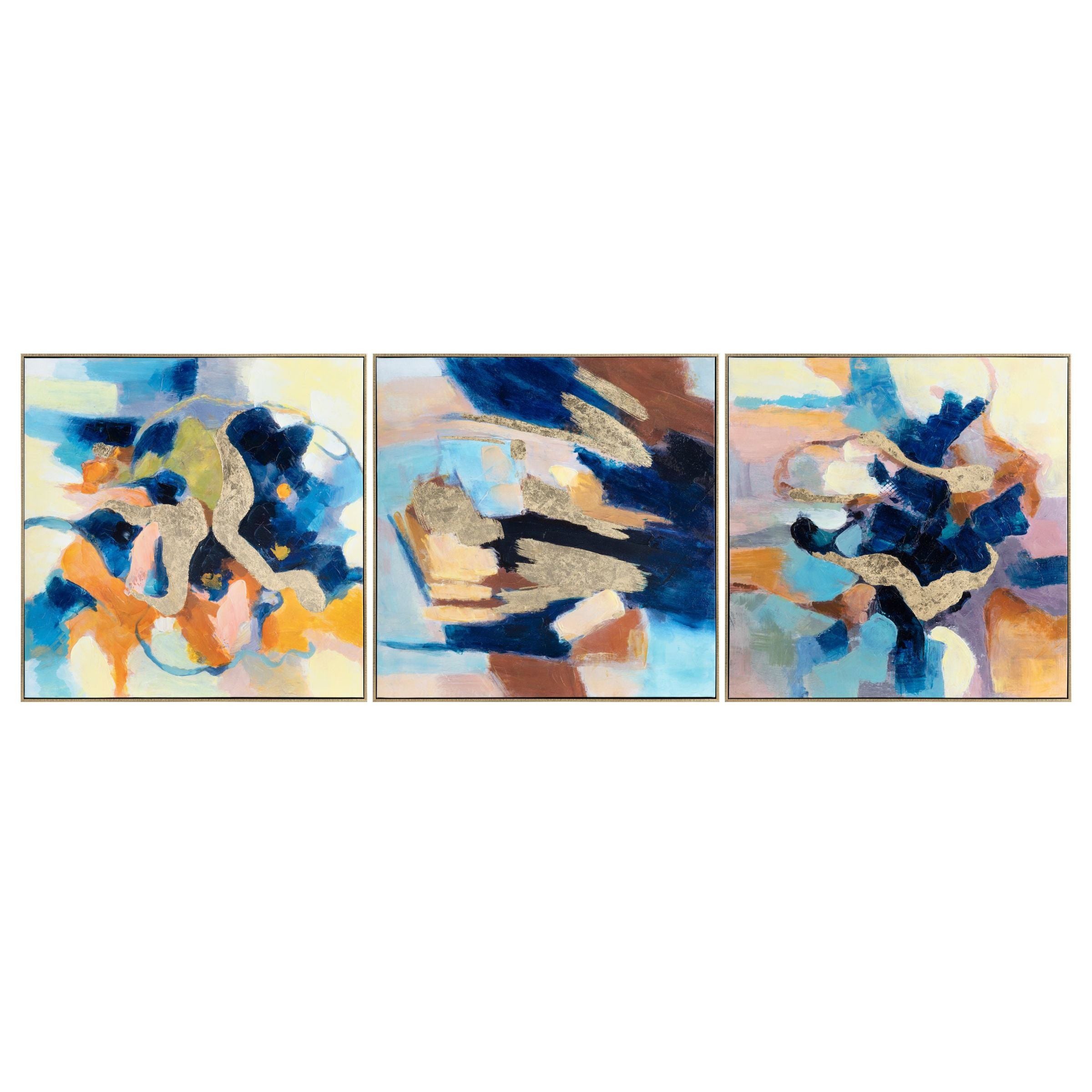 Set of 3 Colorful Blue and Gold Framed Painting 30"W x 30"H