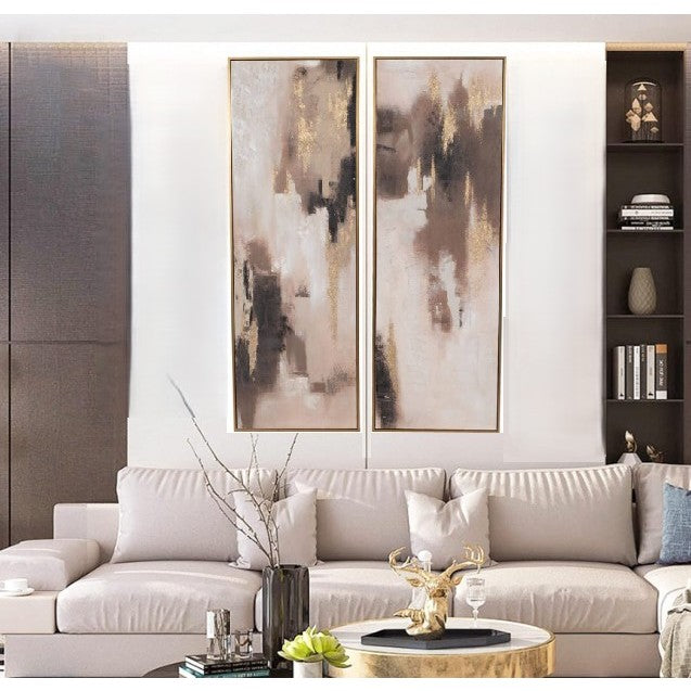 Set of 2 Black and Brown Abstract Hand Painted Wall Art 23"W x 70"H