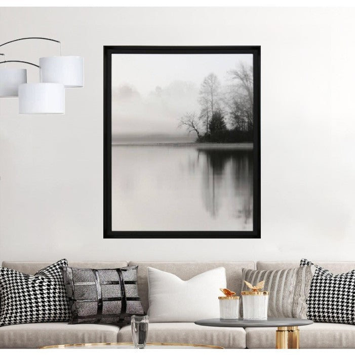 Black and White Foggy Lake Framed Print Under Glass 38.5"W x 50.5"H