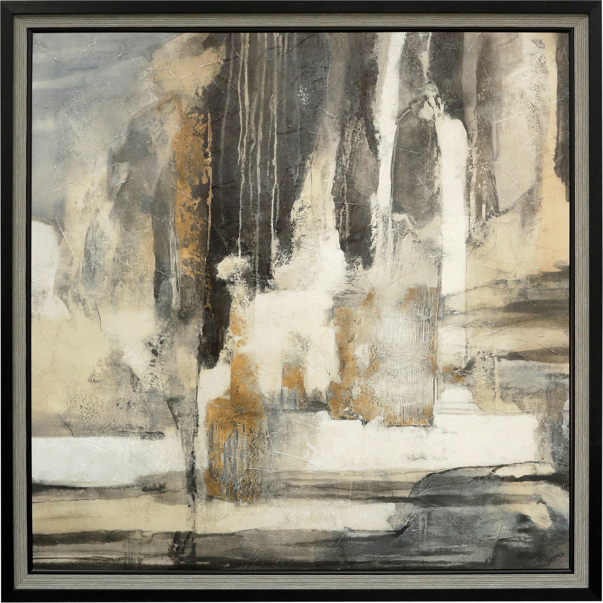 Charcoal, Ivory, and Gold Abstract Framed Print 47"W x 47"H