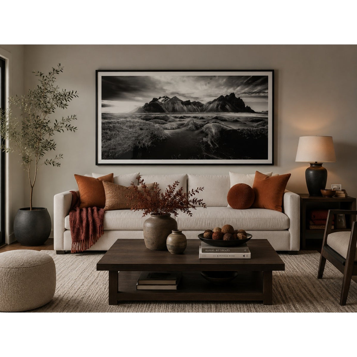 Black and White Field Mountains Framed Print 86.5"W x 46"H