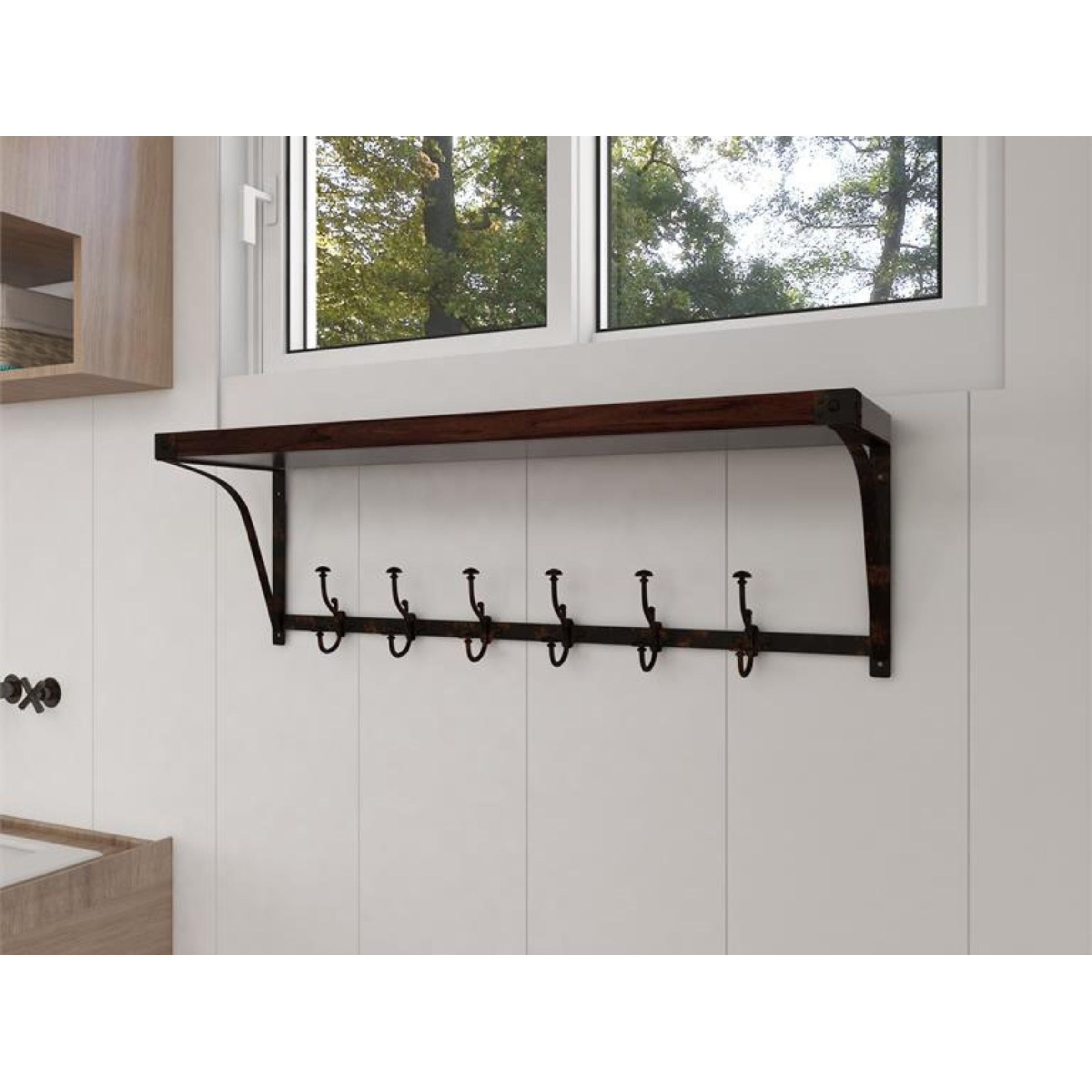 Wall Shelf with Hooks 39"W x 13"H