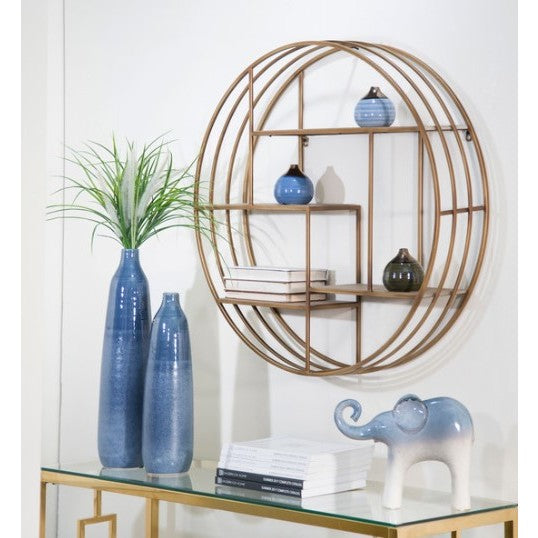 Round Bronze Metal and Wood Wall Shelf 32"H
