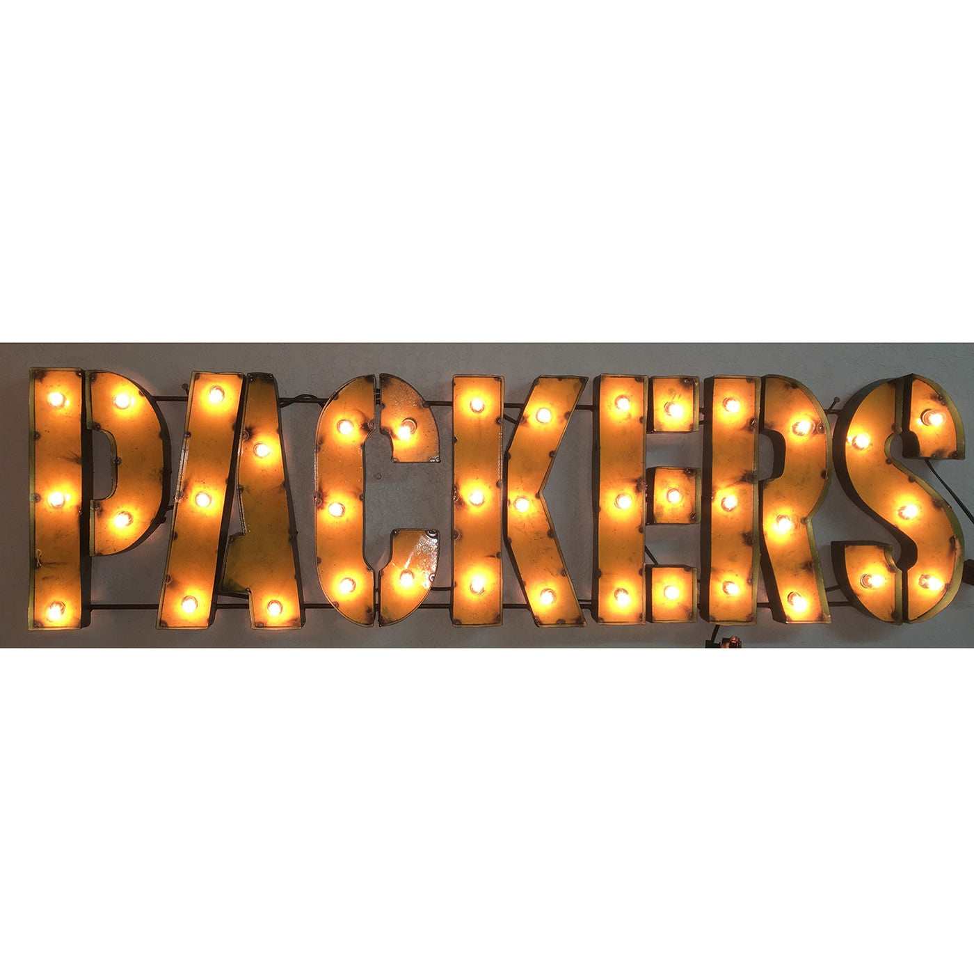 Gold Recycled Metal Packers Wall Decor With Bulbs 46"W x 13"H