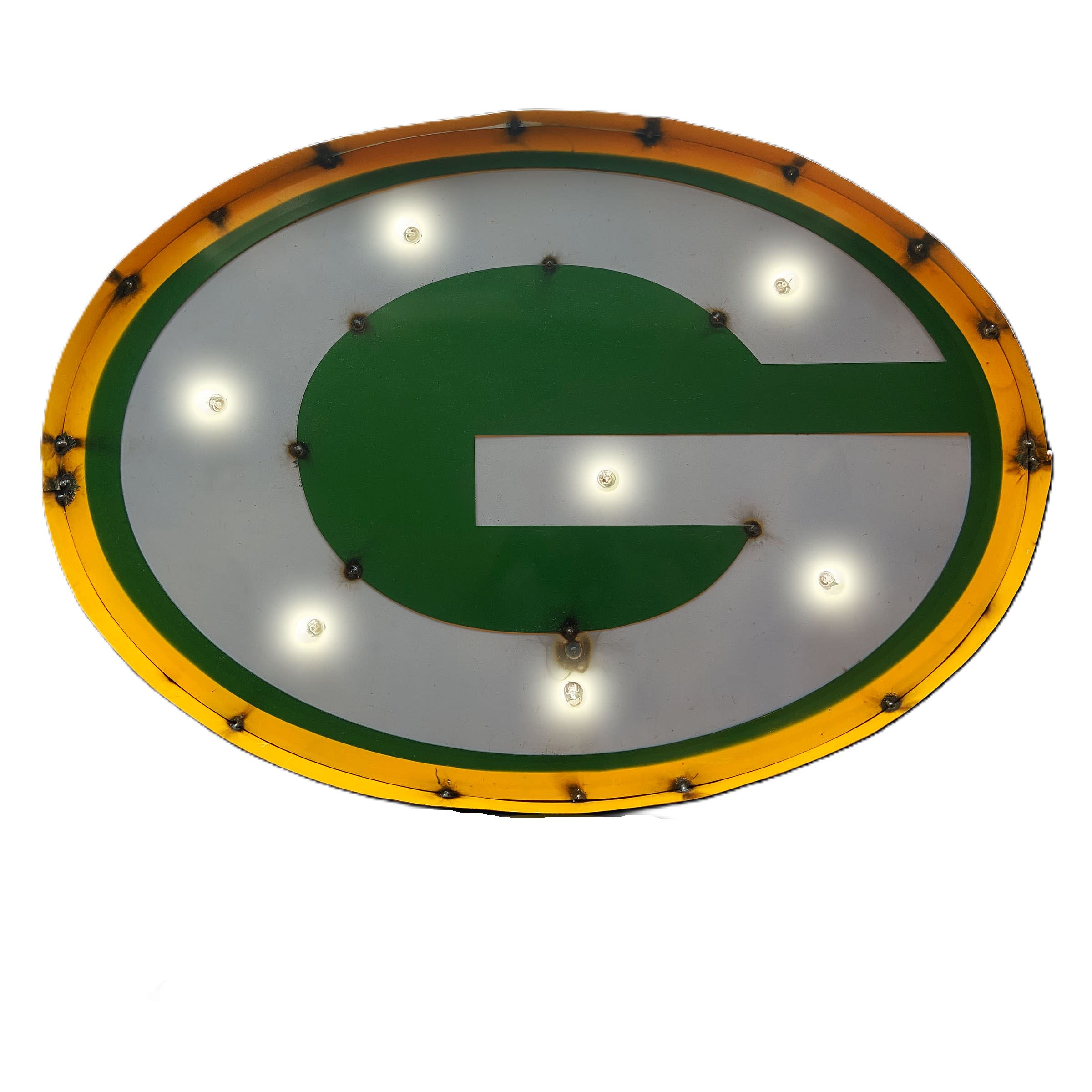 Recycled Metal Packers Logo Wall DÃ©cor with Bulbs 33"W x 24"H