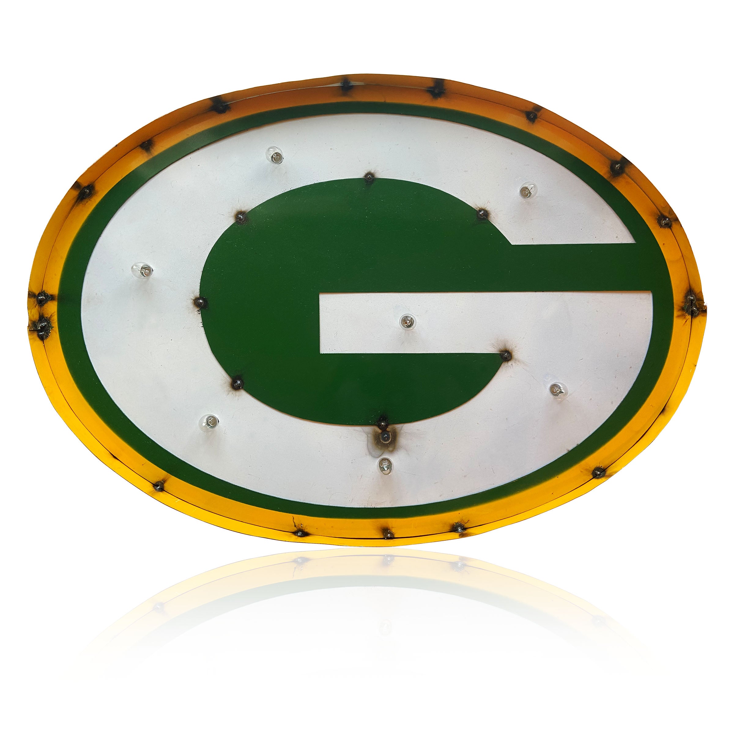 Recycled Metal Packers Logo Wall DÃ©cor with Bulbs 33"W x 24"H